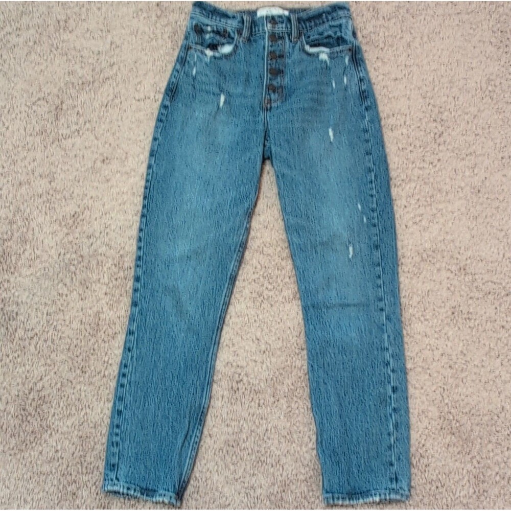 Abercrombie & Fitch Blue Distressed High Rise Mom Jeans - Button, Medium Wash